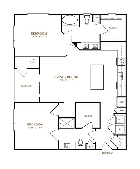 Floor plan for 2 beds, 2 baths, 1137 sqft